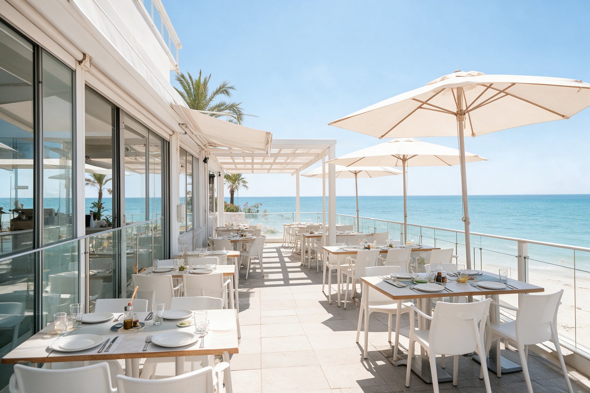 Terraza exterior luminosa de chiringuito con sillas blancas, velas neutras y el mar turquesa al otro lado de la barandilla