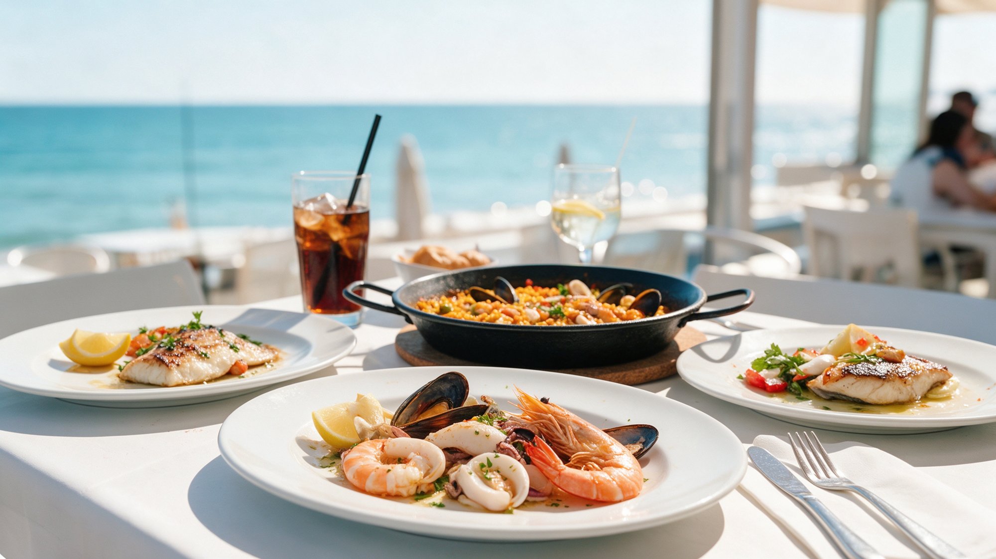 Mesa de comida de chiringuito frente al mar con paella, pescado a la parrilla y bebidas frías con el Mediterráneo al fondo