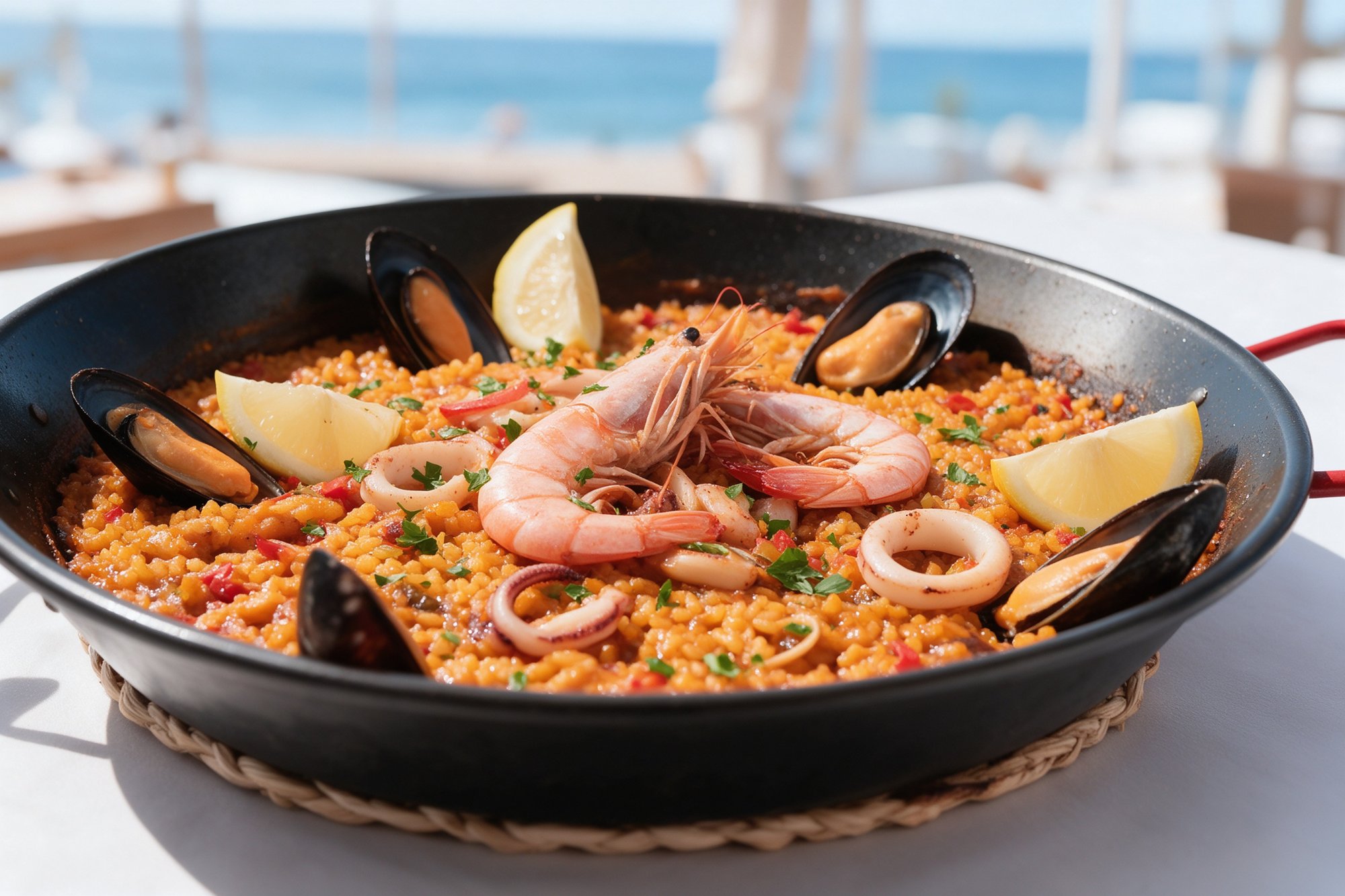 Paella de marisco con gambas, mejillones y calamares en paella negra con limón