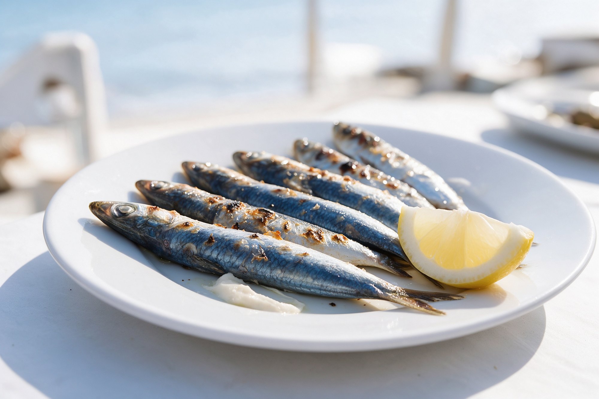 Sardinas enteras a la plancha con limón y alioli en plato blanco