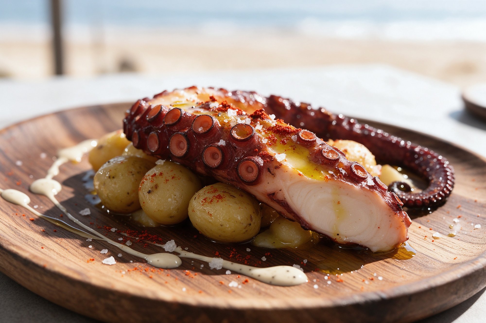 Pulpo a la gallega sobre patatas cocidas con pimentón y aceite de oliva
