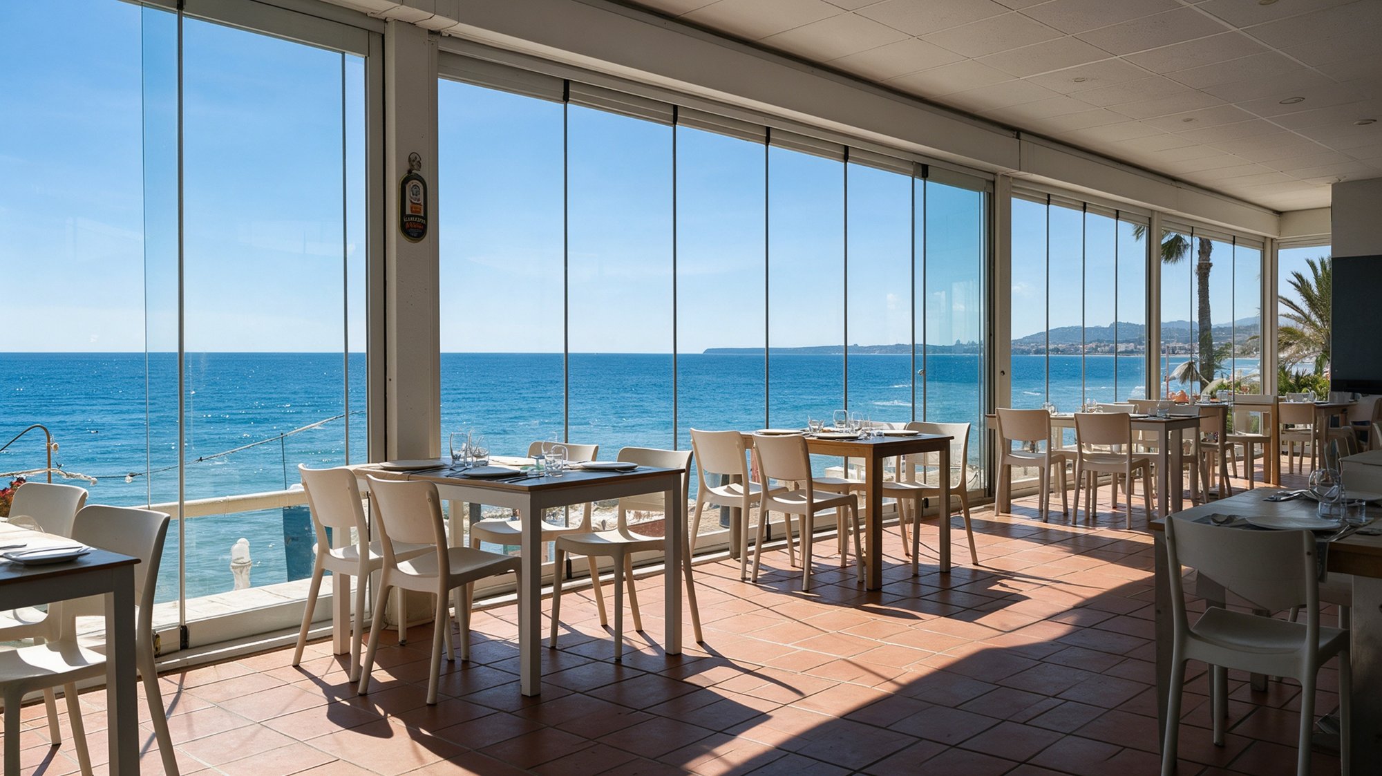 Terraza acristalada de restaurante de playa con grandes ventanales sobre el mar Mediterráneo y mesas puestas al mediodía